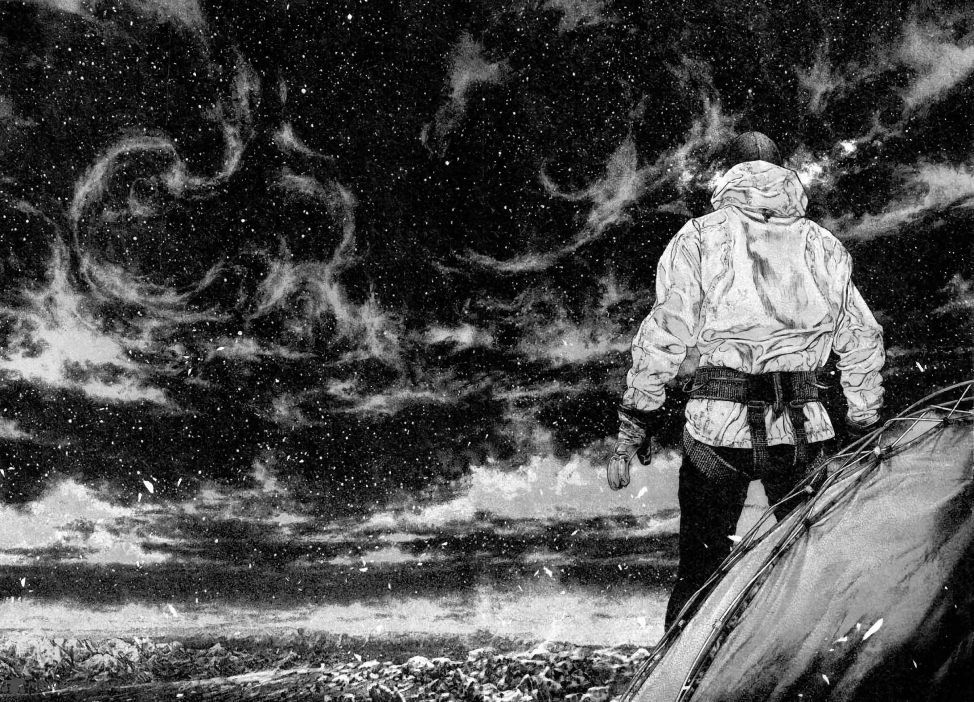 A lone climber standing beside a wind-battered tent, gazing up at a vast star-filled night sky.