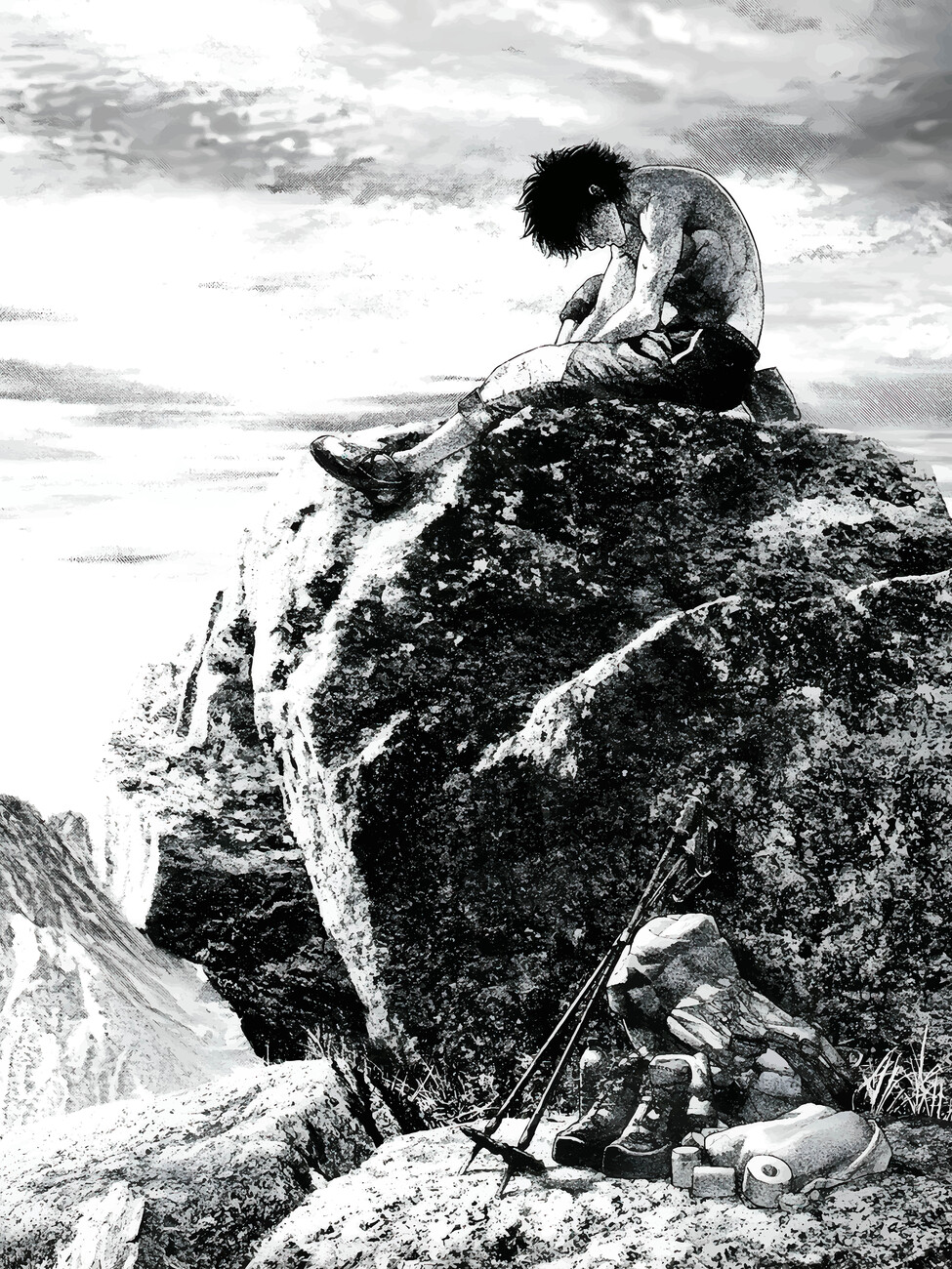 A climber resting atop a high summit rock, gear propped below, gazing out over distant peaks and a vast open sky.