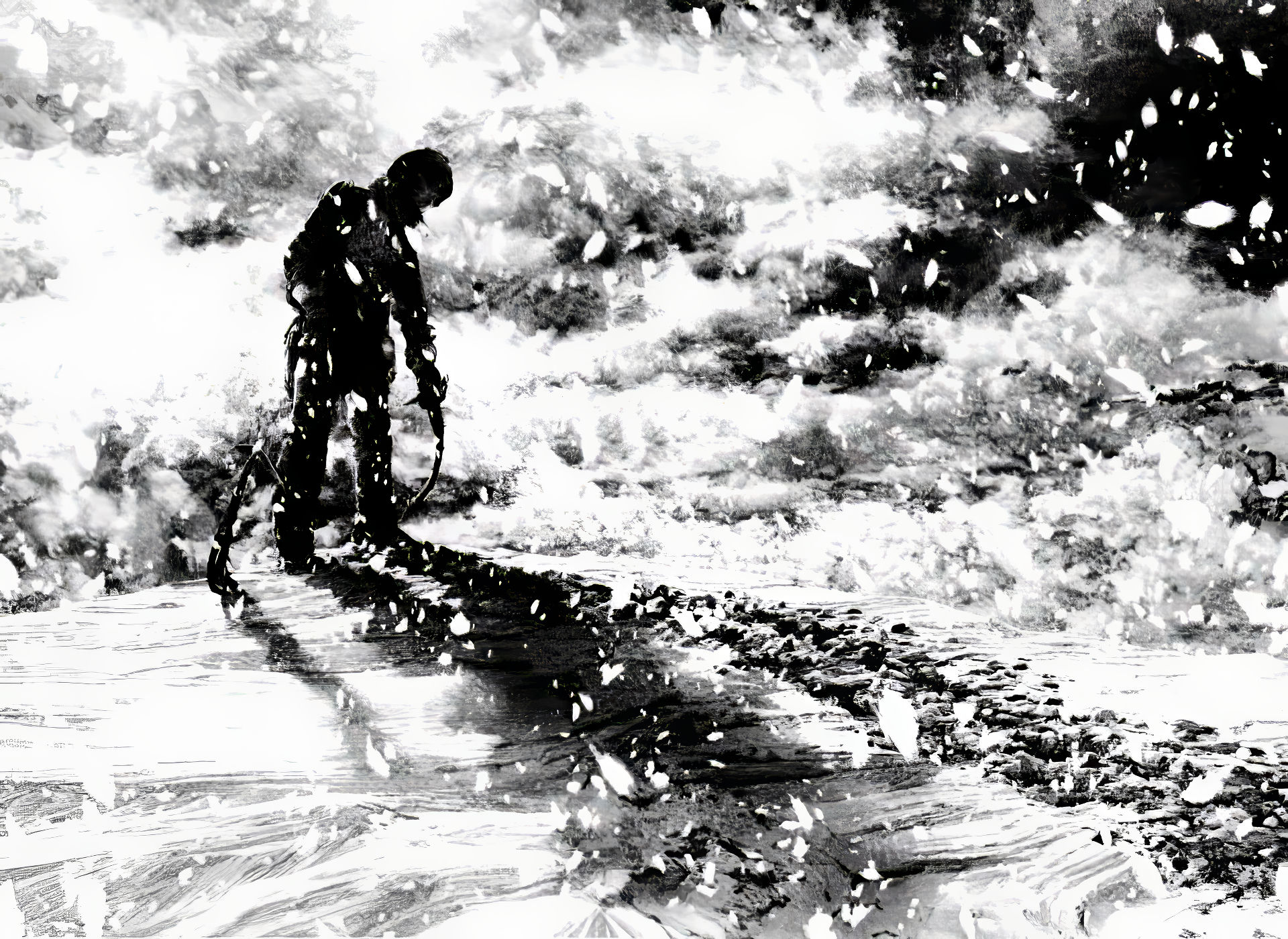A lone figure pushing head-down through a whiteout, trudging forward as the storm erases everything around them.